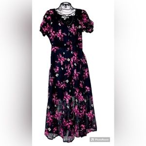 Shabby Chic Maxi dress Black lace pink flowers butterflies button down Size XS